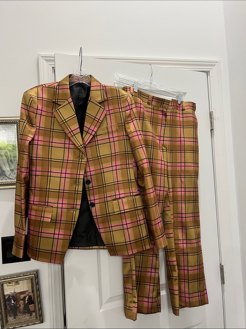 Women’s Tan Plaid Blazer & Pants Suit with Pink Windowpane